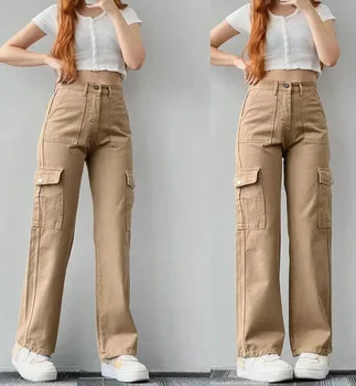 Pantalones Cargo Vintage holgados para mujer, pantalones de chándal de pierna ancha, ropa de calle de mezclilla Y2K con cordón,