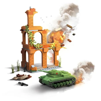 Военная модель танка времен Второй мировой войны, руины здания, Имитация сцены DIY, Строительные блоки, Кирпичи, Игрушки, Подарки