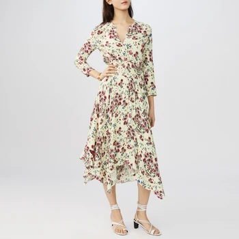 Женское платье Миди с V-образным вырезом 2023, новое платье с французским цветочным принтом, нерегулярный подол, платье с коротким рукавом, женская талия, приталенный элегантный халат