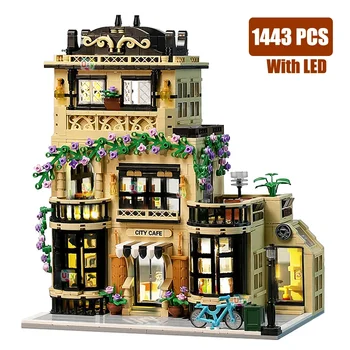 Модульный кофейный ресторан с видом на город, ретро Цветочный дом со светодиодной подсветкой, MOC Architecture, Наборы строительных блоков, Игрушки для детей